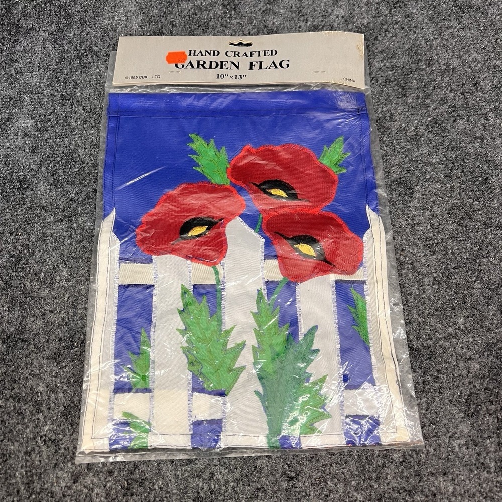 Hand Crafted Red Poppies Flowers Fence Garden Flag 10" x 13" New  CBK, LTD 1995